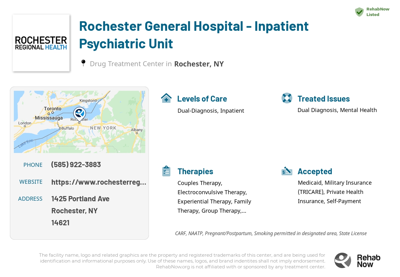 Helpful reference information for Rochester General Hospital - Inpatient Psychiatric Unit, a drug treatment center in New York located at: 1425 Portland Ave, Rochester, NY 14621, including phone numbers, official website, and more. Listed briefly is an overview of Levels of Care, Therapies Offered, Issues Treated, and accepted forms of Payment Methods.