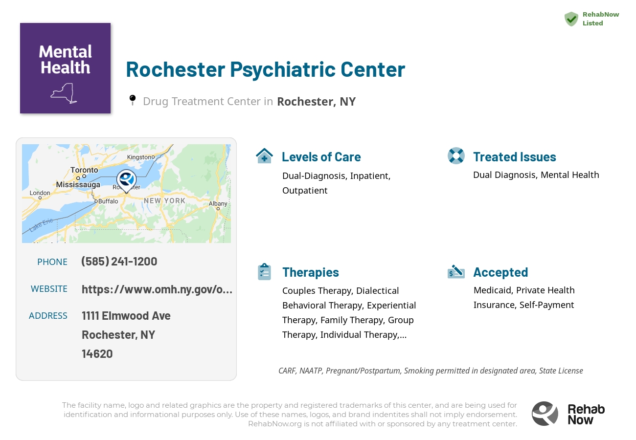 Helpful reference information for Rochester Psychiatric Center, a drug treatment center in New York located at: 1111 Elmwood Ave, Rochester, NY 14620, including phone numbers, official website, and more. Listed briefly is an overview of Levels of Care, Therapies Offered, Issues Treated, and accepted forms of Payment Methods.