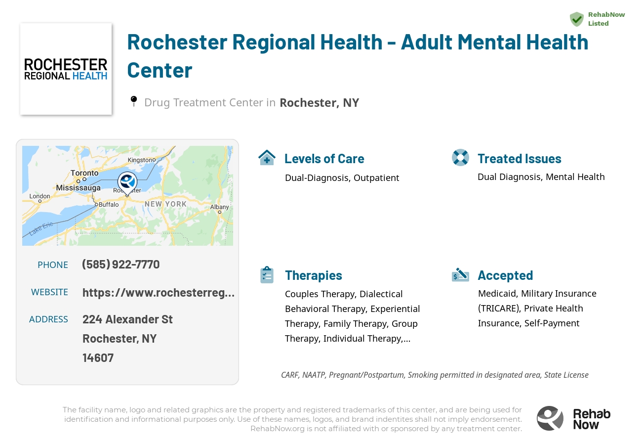 Helpful reference information for Rochester Regional Health - Adult Mental Health Center, a drug treatment center in New York located at: 224 Alexander St, Rochester, NY 14607, including phone numbers, official website, and more. Listed briefly is an overview of Levels of Care, Therapies Offered, Issues Treated, and accepted forms of Payment Methods.