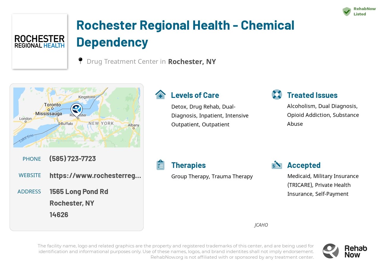 Helpful reference information for Rochester Regional Health - Chemical Dependency, a drug treatment center in New York located at: 1565 Long Pond Rd, Rochester, NY 14626, including phone numbers, official website, and more. Listed briefly is an overview of Levels of Care, Therapies Offered, Issues Treated, and accepted forms of Payment Methods.