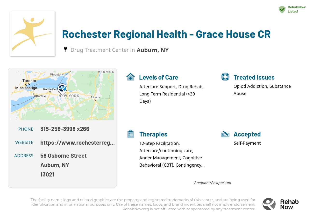 Helpful reference information for Rochester Regional Health - Grace House CR, a drug treatment center in New York located at: 58 Osborne Street, Auburn, NY 13021, including phone numbers, official website, and more. Listed briefly is an overview of Levels of Care, Therapies Offered, Issues Treated, and accepted forms of Payment Methods.