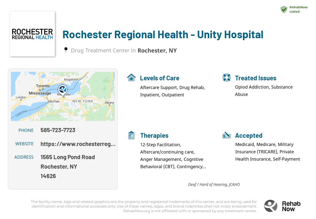 Helpful reference information for Rochester Regional Health - Unity Hospital, a drug treatment center in New York located at: 1565 Long Pond Road, Rochester, NY 14626, including phone numbers, official website, and more. Listed briefly is an overview of Levels of Care, Therapies Offered, Issues Treated, and accepted forms of Payment Methods.