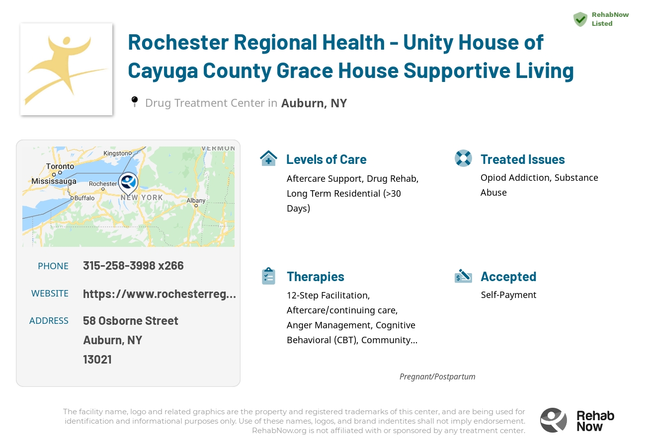 Helpful reference information for Rochester Regional Health - Unity House of Cayuga County Grace House Supportive Living, a drug treatment center in New York located at: 58 Osborne Street, Auburn, NY 13021, including phone numbers, official website, and more. Listed briefly is an overview of Levels of Care, Therapies Offered, Issues Treated, and accepted forms of Payment Methods.