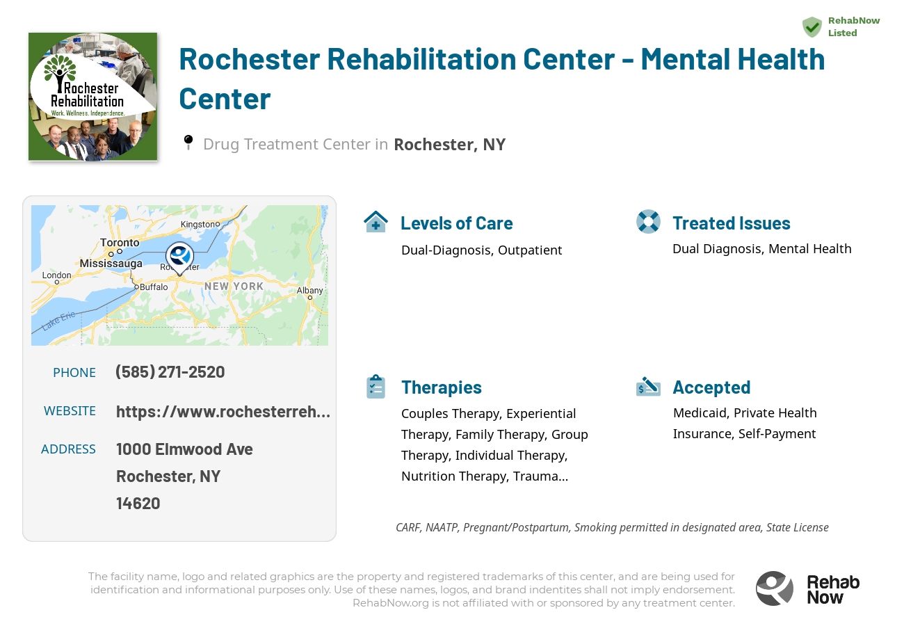 Helpful reference information for Rochester Rehabilitation Center - Mental Health Center, a drug treatment center in New York located at: 1000 Elmwood Ave, Rochester, NY 14620, including phone numbers, official website, and more. Listed briefly is an overview of Levels of Care, Therapies Offered, Issues Treated, and accepted forms of Payment Methods.