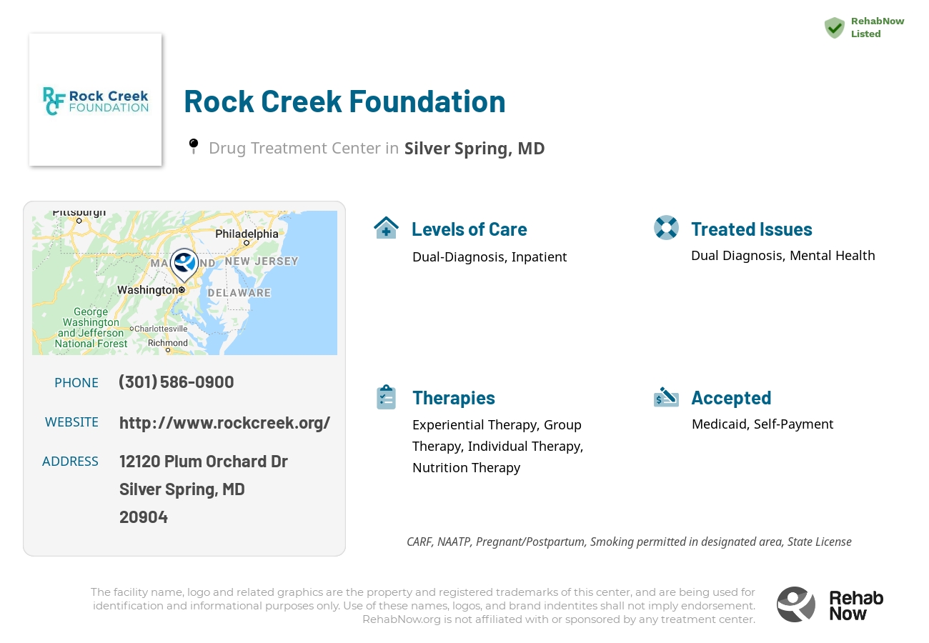 Helpful reference information for Rock Creek Foundation, a drug treatment center in Maryland located at: 12120 Plum Orchard Dr, Silver Spring, MD 20904, including phone numbers, official website, and more. Listed briefly is an overview of Levels of Care, Therapies Offered, Issues Treated, and accepted forms of Payment Methods.