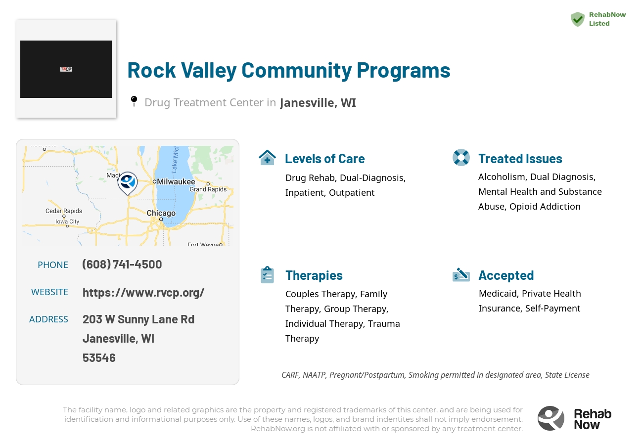 Helpful reference information for Rock Valley Community Programs, a drug treatment center in Wisconsin located at: 203 W Sunny Lane Rd, Janesville, WI 53546, including phone numbers, official website, and more. Listed briefly is an overview of Levels of Care, Therapies Offered, Issues Treated, and accepted forms of Payment Methods.