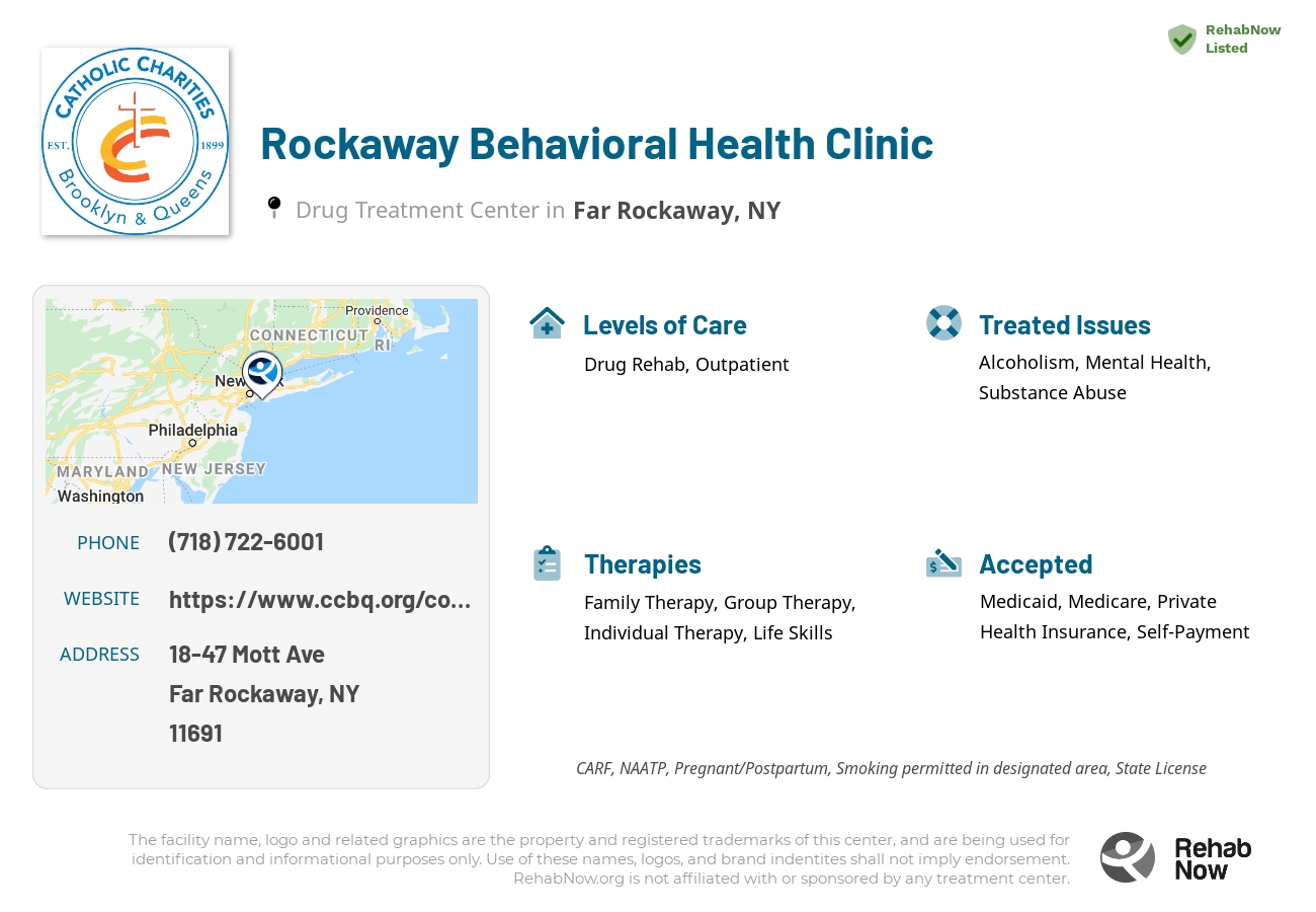 Helpful reference information for Rockaway Behavioral Health Clinic, a drug treatment center in New York located at: 18-47 Mott Avenue, 2nd Floor, Far Rockaway, NY, 11691, including phone numbers, official website, and more. Listed briefly is an overview of Levels of Care, Therapies Offered, Issues Treated, and accepted forms of Payment Methods.