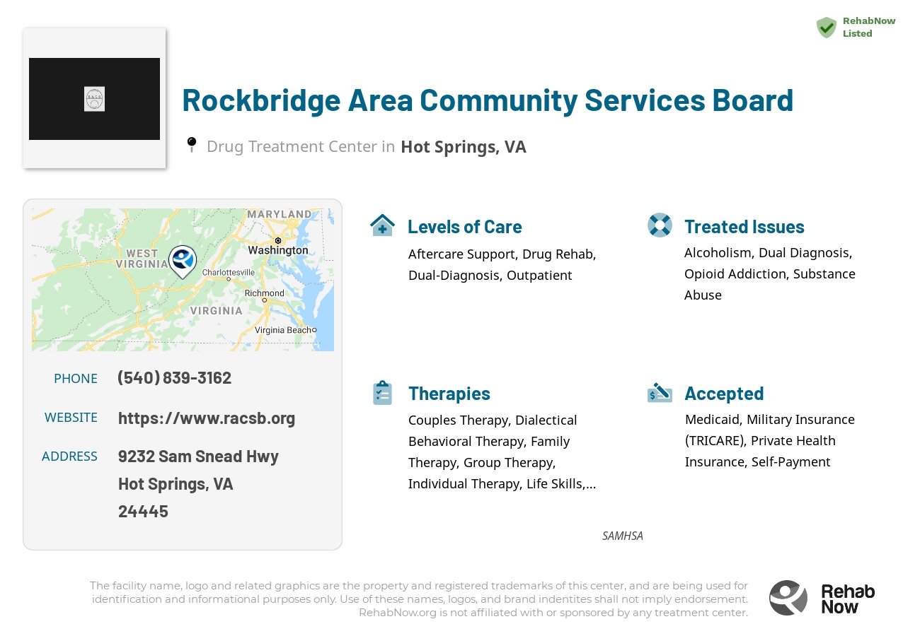Helpful reference information for Rockbridge Area Community Services Board, a drug treatment center in Virginia located at: 9232 Sam Snead Hwy, Hot Springs, VA 24445, including phone numbers, official website, and more. Listed briefly is an overview of Levels of Care, Therapies Offered, Issues Treated, and accepted forms of Payment Methods.