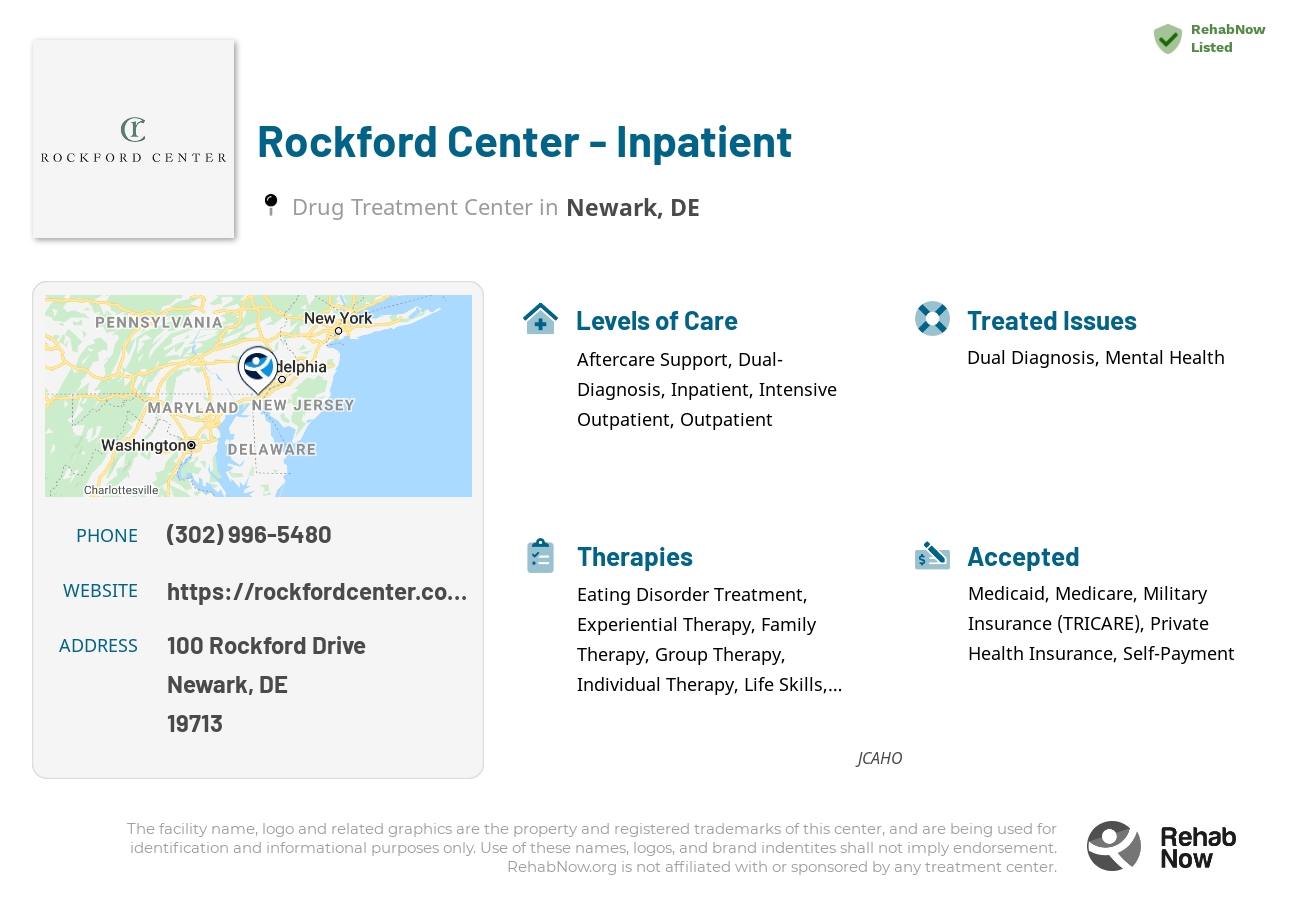 Helpful reference information for Rockford Center - Inpatient, a drug treatment center in Delaware located at: 100 Rockford Drive, Newark, DE, 19713, including phone numbers, official website, and more. Listed briefly is an overview of Levels of Care, Therapies Offered, Issues Treated, and accepted forms of Payment Methods.