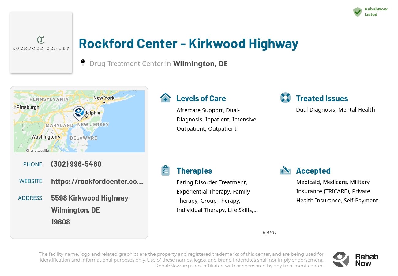 Helpful reference information for Rockford Center - Kirkwood Highway, a drug treatment center in Delaware located at: 5598 Kirkwood Highway, Wilmington, DE, 19808, including phone numbers, official website, and more. Listed briefly is an overview of Levels of Care, Therapies Offered, Issues Treated, and accepted forms of Payment Methods.