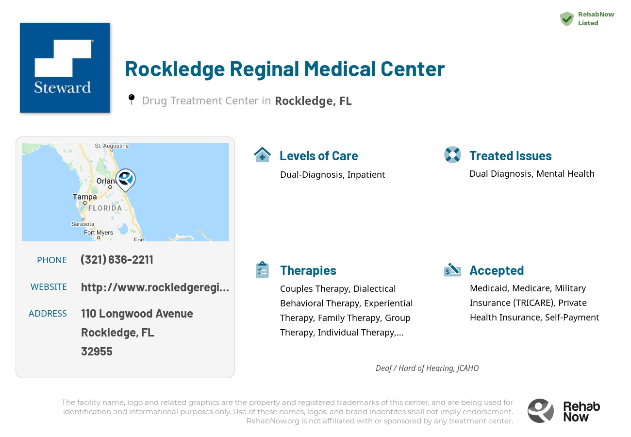 Helpful reference information for Rockledge Reginal Medical Center, a drug treatment center in Florida located at: 110 Longwood Avenue, Rockledge, FL, 32955, including phone numbers, official website, and more. Listed briefly is an overview of Levels of Care, Therapies Offered, Issues Treated, and accepted forms of Payment Methods.