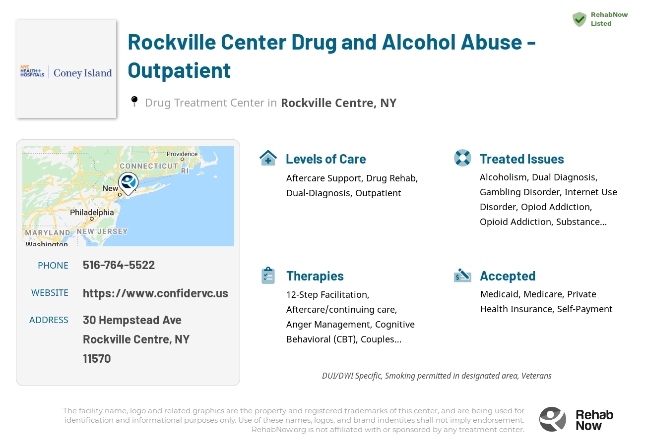 Helpful reference information for Rockville Center Drug and Alcohol Abuse - Outpatient, a drug treatment center in New York located at: 30 Hempstead Ave, Rockville Centre, NY 11570, including phone numbers, official website, and more. Listed briefly is an overview of Levels of Care, Therapies Offered, Issues Treated, and accepted forms of Payment Methods.