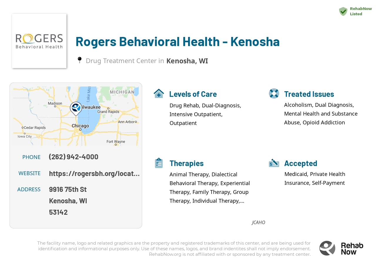 Helpful reference information for Rogers Behavioral Health - Kenosha, a drug treatment center in Wisconsin located at: 9916 75th St, Kenosha, WI 53142, including phone numbers, official website, and more. Listed briefly is an overview of Levels of Care, Therapies Offered, Issues Treated, and accepted forms of Payment Methods.