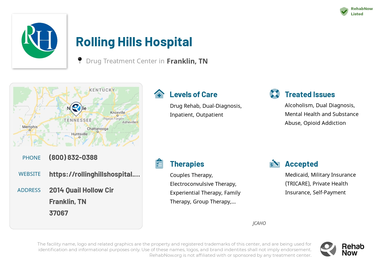 Helpful reference information for Rolling Hills Hospital, a drug treatment center in Tennessee located at: 2014 Quail Hollow Cir, Franklin, TN 37067, including phone numbers, official website, and more. Listed briefly is an overview of Levels of Care, Therapies Offered, Issues Treated, and accepted forms of Payment Methods.