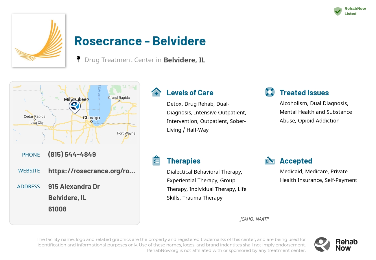 Helpful reference information for Rosecrance - Belvidere, a drug treatment center in Illinois located at: 915 Alexandra Dr, Belvidere, IL 61008, including phone numbers, official website, and more. Listed briefly is an overview of Levels of Care, Therapies Offered, Issues Treated, and accepted forms of Payment Methods.