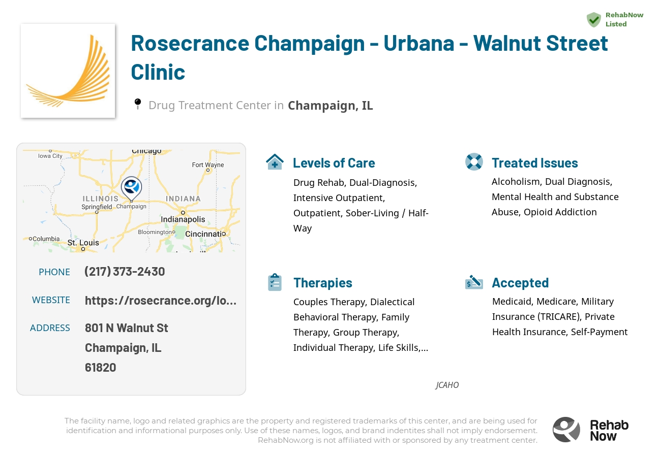 Helpful reference information for Rosecrance Champaign - Urbana - Walnut Street Clinic, a drug treatment center in Illinois located at: 801 N Walnut St, Champaign, IL 61820, including phone numbers, official website, and more. Listed briefly is an overview of Levels of Care, Therapies Offered, Issues Treated, and accepted forms of Payment Methods.