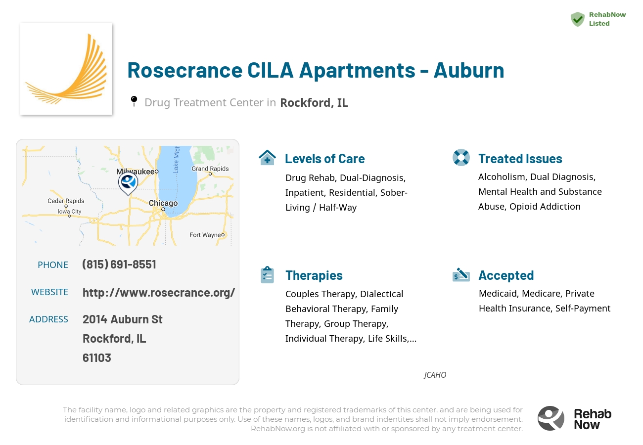 Helpful reference information for Rosecrance CILA Apartments - Auburn, a drug treatment center in Illinois located at: 2014 Auburn St, Rockford, IL 61103, including phone numbers, official website, and more. Listed briefly is an overview of Levels of Care, Therapies Offered, Issues Treated, and accepted forms of Payment Methods.