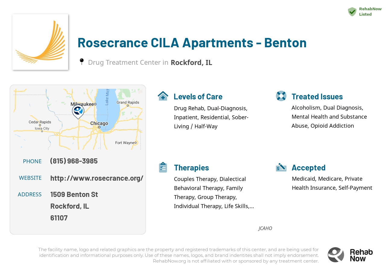 Helpful reference information for Rosecrance CILA Apartments - Benton, a drug treatment center in Illinois located at: 1509 Benton St, Rockford, IL 61107, including phone numbers, official website, and more. Listed briefly is an overview of Levels of Care, Therapies Offered, Issues Treated, and accepted forms of Payment Methods.