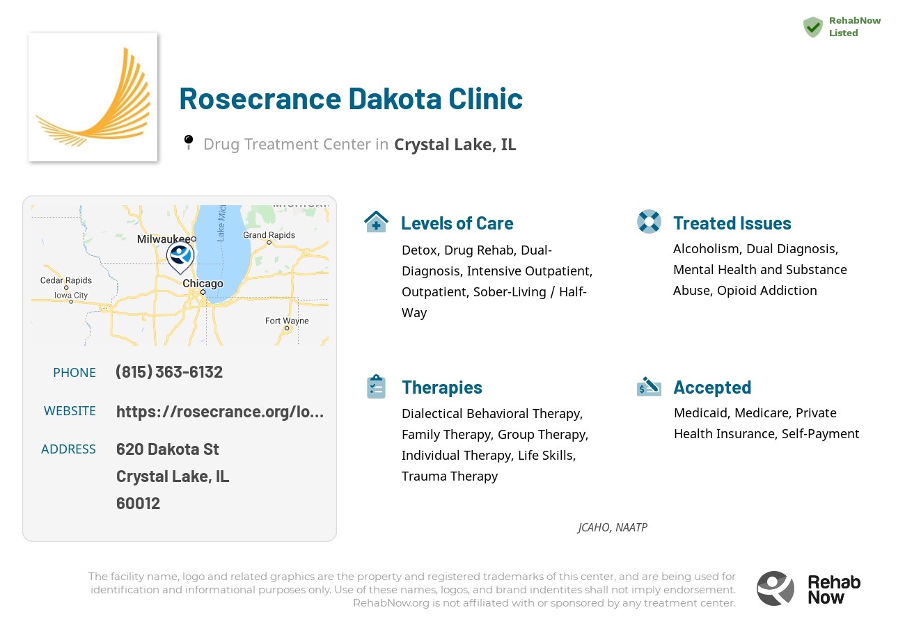 Helpful reference information for Rosecrance Dakota Clinic, a drug treatment center in Illinois located at: 620 Dakota St, Crystal Lake, IL 60012, including phone numbers, official website, and more. Listed briefly is an overview of Levels of Care, Therapies Offered, Issues Treated, and accepted forms of Payment Methods.