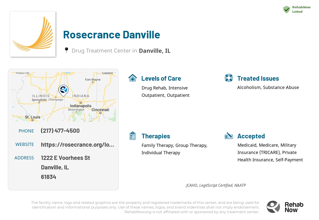 Helpful reference information for Rosecrance Danville, a drug treatment center in Illinois located at: 1222 E Voorhees St, Danville, IL 61834, including phone numbers, official website, and more. Listed briefly is an overview of Levels of Care, Therapies Offered, Issues Treated, and accepted forms of Payment Methods.