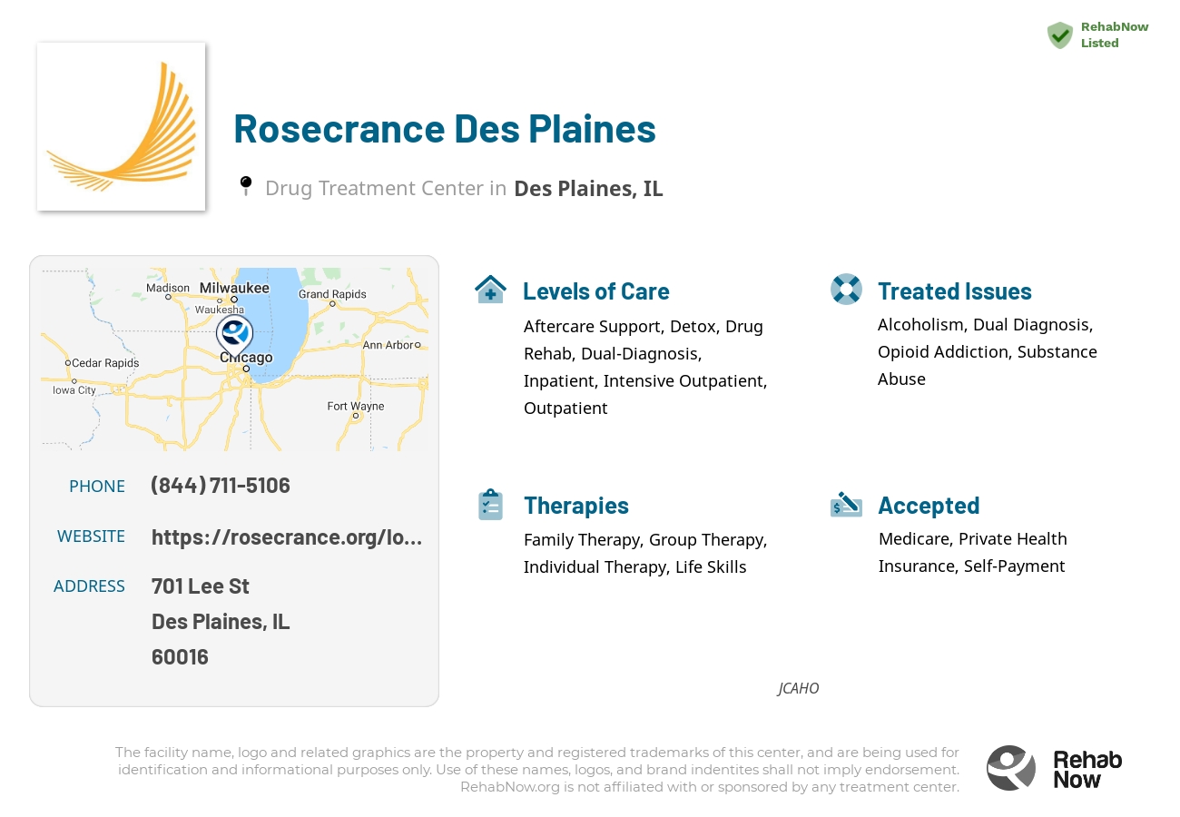 Helpful reference information for Rosecrance Des Plaines, a drug treatment center in Illinois located at: 701 Lee St, Des Plaines, IL 60016, including phone numbers, official website, and more. Listed briefly is an overview of Levels of Care, Therapies Offered, Issues Treated, and accepted forms of Payment Methods.