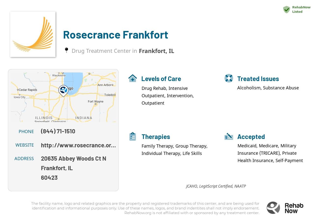 Helpful reference information for Rosecrance Frankfort, a drug treatment center in Illinois located at: 20635 Abbey Woods Ct N, Frankfort, IL 60423, including phone numbers, official website, and more. Listed briefly is an overview of Levels of Care, Therapies Offered, Issues Treated, and accepted forms of Payment Methods.