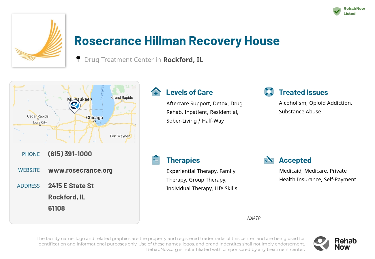 Helpful reference information for Rosecrance Hillman Recovery House, a drug treatment center in Illinois located at: 2415 E State St, Rockford, IL 61108, including phone numbers, official website, and more. Listed briefly is an overview of Levels of Care, Therapies Offered, Issues Treated, and accepted forms of Payment Methods.