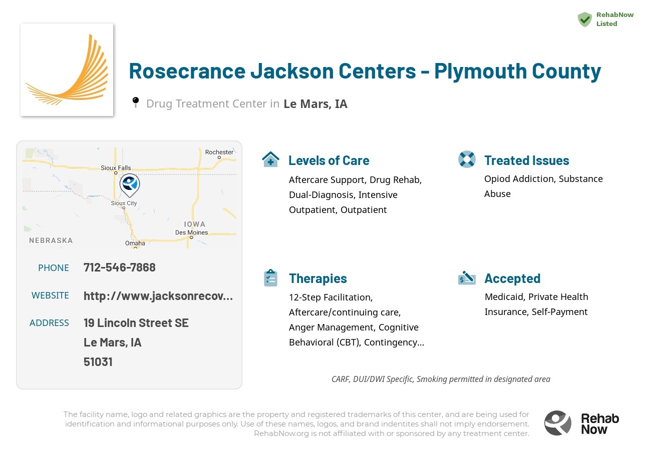 Helpful reference information for Rosecrance Jackson Centers - Plymouth County, a drug treatment center in Iowa located at: 19 Lincoln Street SE, Le Mars, IA 51031, including phone numbers, official website, and more. Listed briefly is an overview of Levels of Care, Therapies Offered, Issues Treated, and accepted forms of Payment Methods.