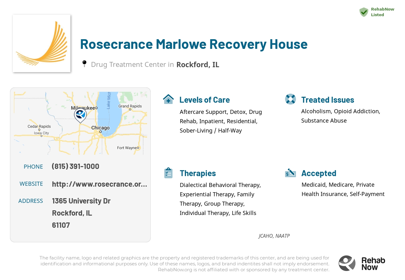 Helpful reference information for Rosecrance Marlowe Recovery House, a drug treatment center in Illinois located at: 1365 University Dr, Rockford, IL 61107, including phone numbers, official website, and more. Listed briefly is an overview of Levels of Care, Therapies Offered, Issues Treated, and accepted forms of Payment Methods.