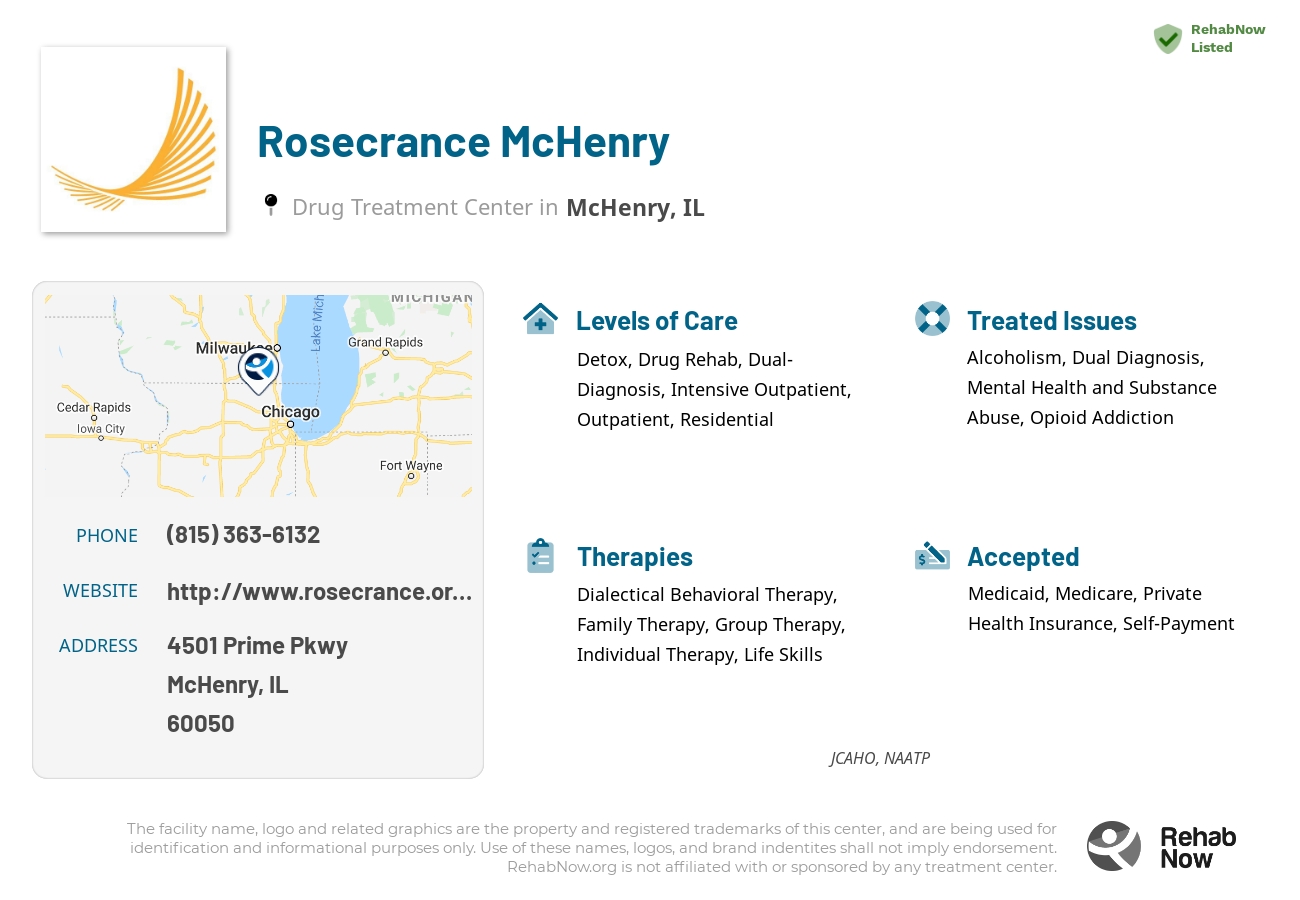 Helpful reference information for Rosecrance McHenry, a drug treatment center in Illinois located at: 4501 Prime Pkwy, McHenry, IL 60050, including phone numbers, official website, and more. Listed briefly is an overview of Levels of Care, Therapies Offered, Issues Treated, and accepted forms of Payment Methods.