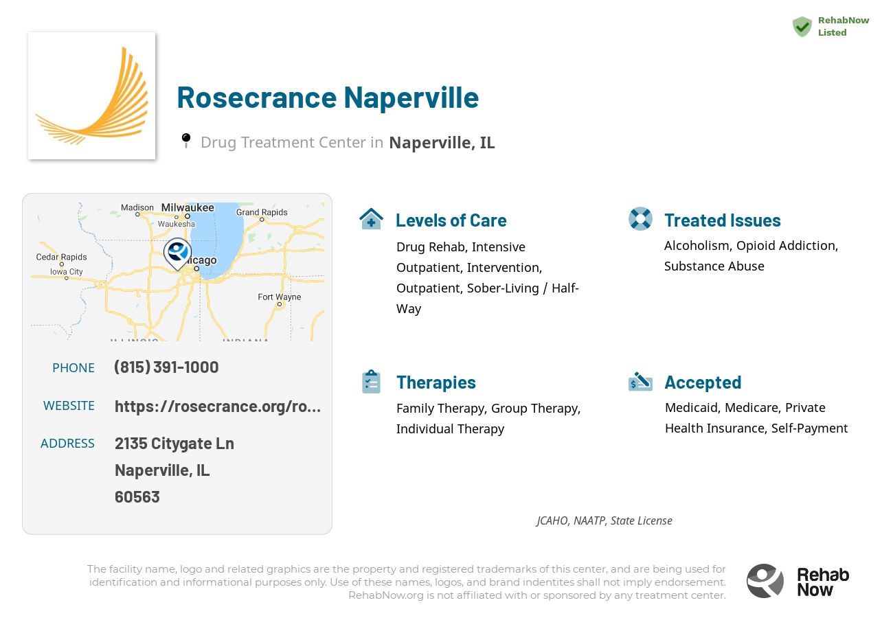 Helpful reference information for Rosecrance Naperville, a drug treatment center in Illinois located at: 2135 Citygate Ln, Naperville, IL 60563, including phone numbers, official website, and more. Listed briefly is an overview of Levels of Care, Therapies Offered, Issues Treated, and accepted forms of Payment Methods.