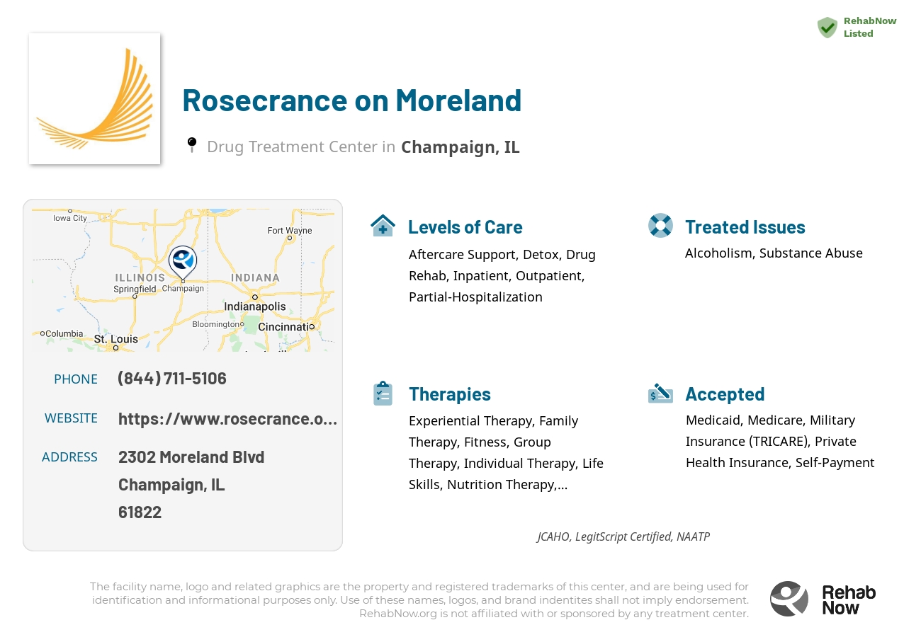 Helpful reference information for Rosecrance on Moreland, a drug treatment center in Illinois located at: 2302 Moreland Blvd, Champaign, IL 61822, including phone numbers, official website, and more. Listed briefly is an overview of Levels of Care, Therapies Offered, Issues Treated, and accepted forms of Payment Methods.