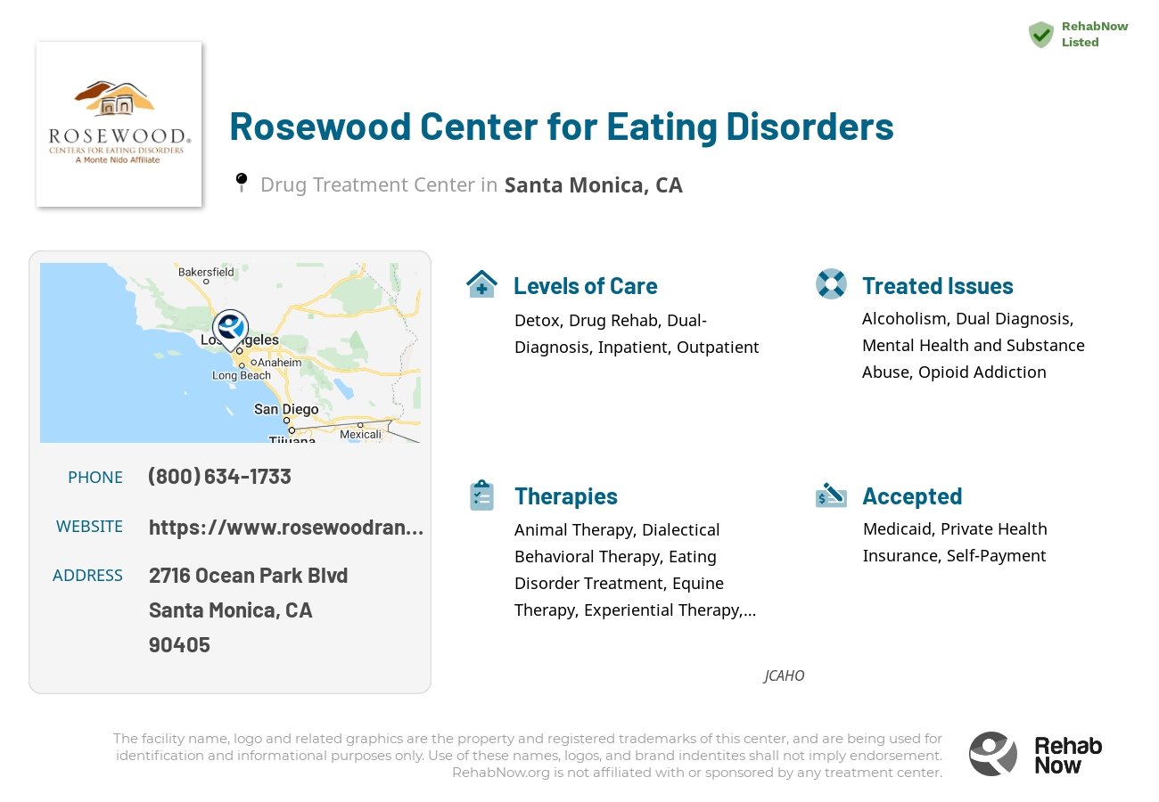 Helpful reference information for Rosewood Center for Eating Disorders, a drug treatment center in California located at: 2716 Ocean Park Blvd, Santa Monica, CA 90405, including phone numbers, official website, and more. Listed briefly is an overview of Levels of Care, Therapies Offered, Issues Treated, and accepted forms of Payment Methods.