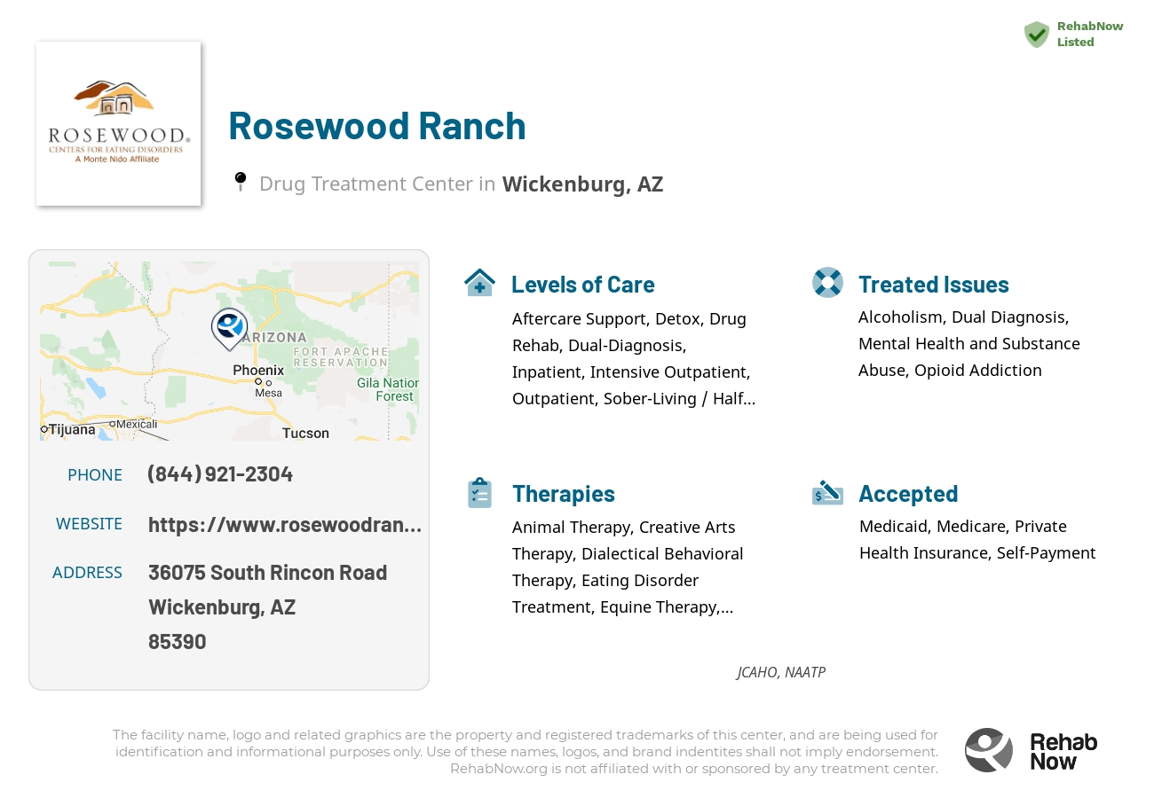 Helpful reference information for Rosewood Ranch, a drug treatment center in Arizona located at: 36075 South Rincon Road, Wickenburg, AZ, 85390, including phone numbers, official website, and more. Listed briefly is an overview of Levels of Care, Therapies Offered, Issues Treated, and accepted forms of Payment Methods.