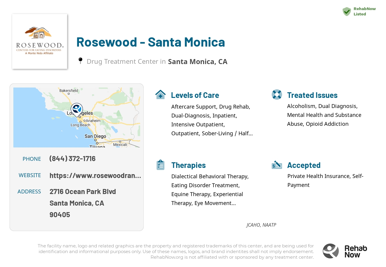 Helpful reference information for Rosewood - Santa Monica, a drug treatment center in California located at: 2716 Ocean Park Blvd, Santa Monica, CA 90405, including phone numbers, official website, and more. Listed briefly is an overview of Levels of Care, Therapies Offered, Issues Treated, and accepted forms of Payment Methods.