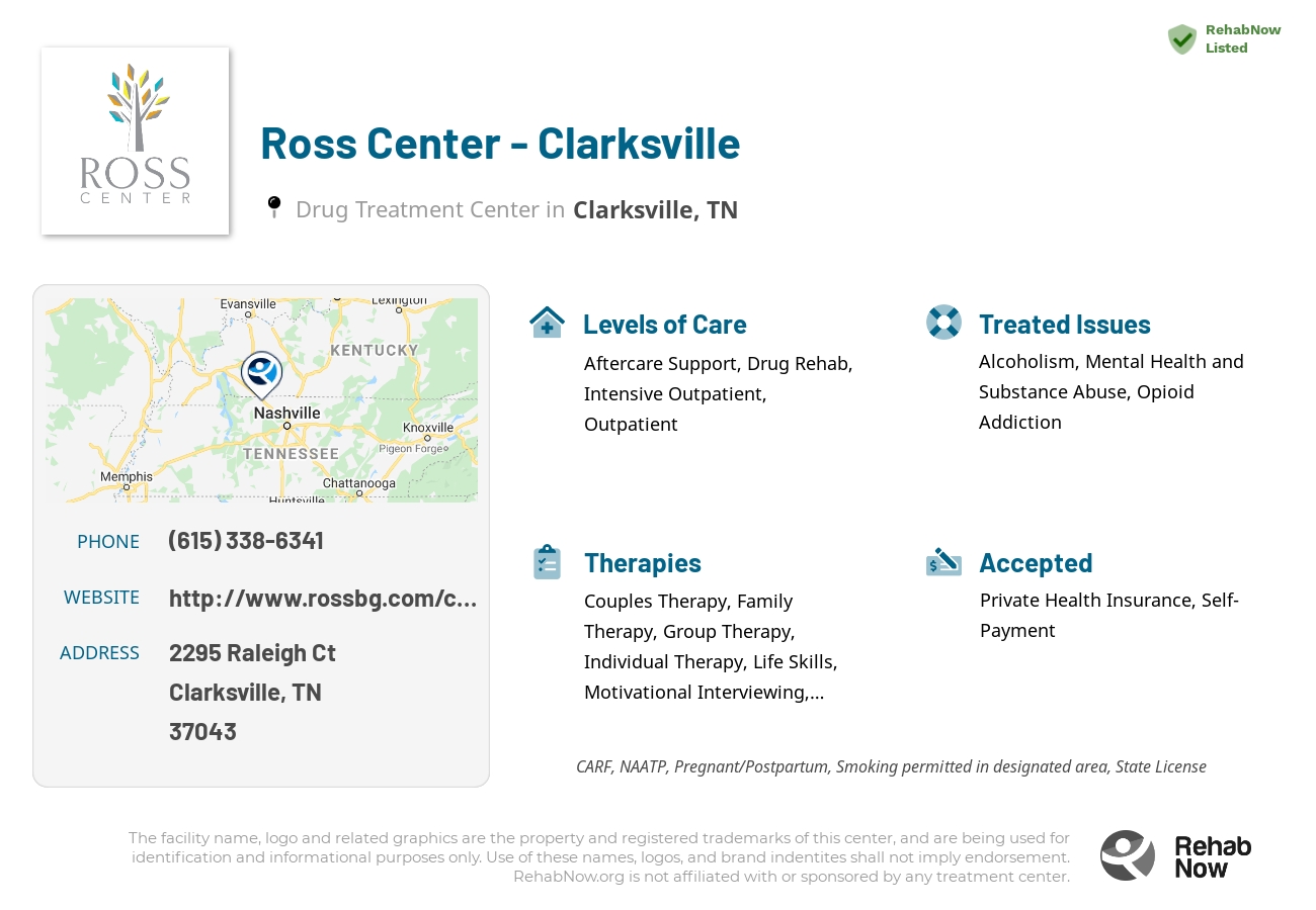 Helpful reference information for Ross Center - Clarksville, a drug treatment center in Tennessee located at: 2295 Raleigh Ct, Clarksville, TN 37043, including phone numbers, official website, and more. Listed briefly is an overview of Levels of Care, Therapies Offered, Issues Treated, and accepted forms of Payment Methods.