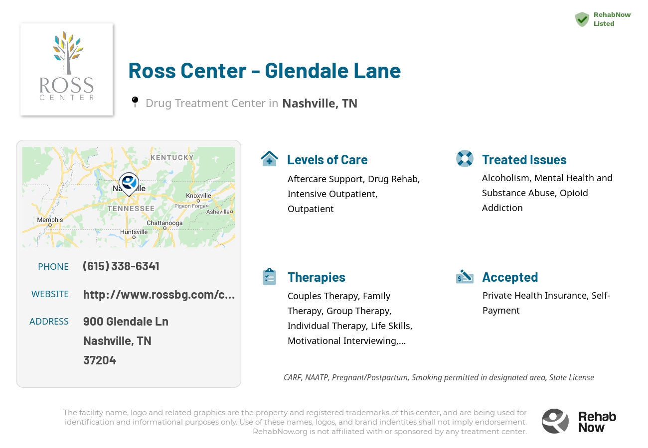 Helpful reference information for Ross Center - Glendale Lane, a drug treatment center in Tennessee located at: 900 Glendale Ln, Nashville, TN 37204, including phone numbers, official website, and more. Listed briefly is an overview of Levels of Care, Therapies Offered, Issues Treated, and accepted forms of Payment Methods.