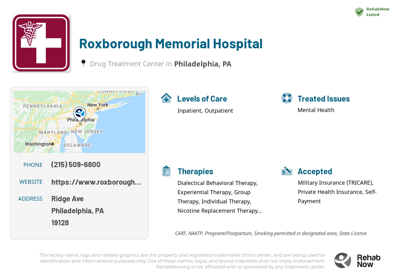 Helpful reference information for Roxborough Memorial Hospital, a drug treatment center in Pennsylvania located at: Ridge Ave, Philadelphia, PA 19128, including phone numbers, official website, and more. Listed briefly is an overview of Levels of Care, Therapies Offered, Issues Treated, and accepted forms of Payment Methods.