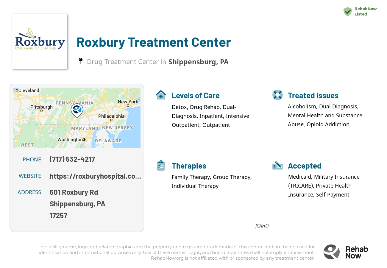 Helpful reference information for Roxbury Treatment Center, a drug treatment center in Pennsylvania located at: 601 Roxbury Rd, Shippensburg, PA 17257, including phone numbers, official website, and more. Listed briefly is an overview of Levels of Care, Therapies Offered, Issues Treated, and accepted forms of Payment Methods.