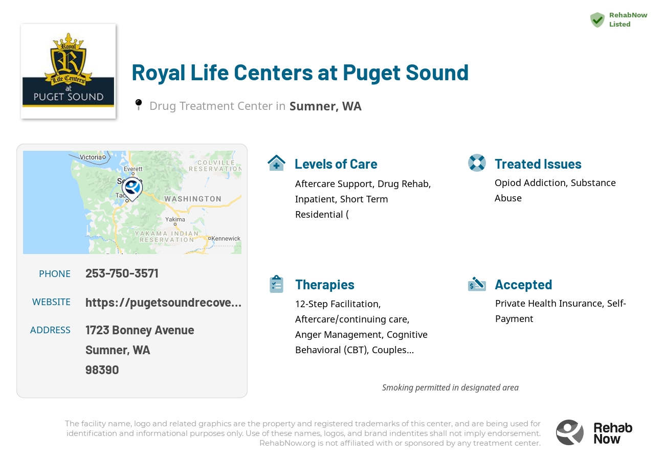 Helpful reference information for Royal Life Centers at Puget Sound, a drug treatment center in Washington located at: 1723 Bonney Avenue, Sumner, WA 98390, including phone numbers, official website, and more. Listed briefly is an overview of Levels of Care, Therapies Offered, Issues Treated, and accepted forms of Payment Methods.