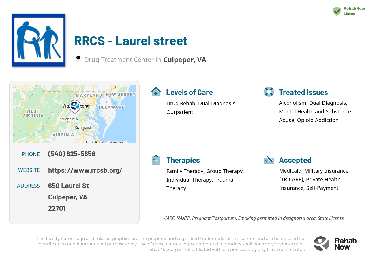 Helpful reference information for RRCS - Laurel street, a drug treatment center in Virginia located at: 650 Laurel St, Culpeper, VA 22701, including phone numbers, official website, and more. Listed briefly is an overview of Levels of Care, Therapies Offered, Issues Treated, and accepted forms of Payment Methods.