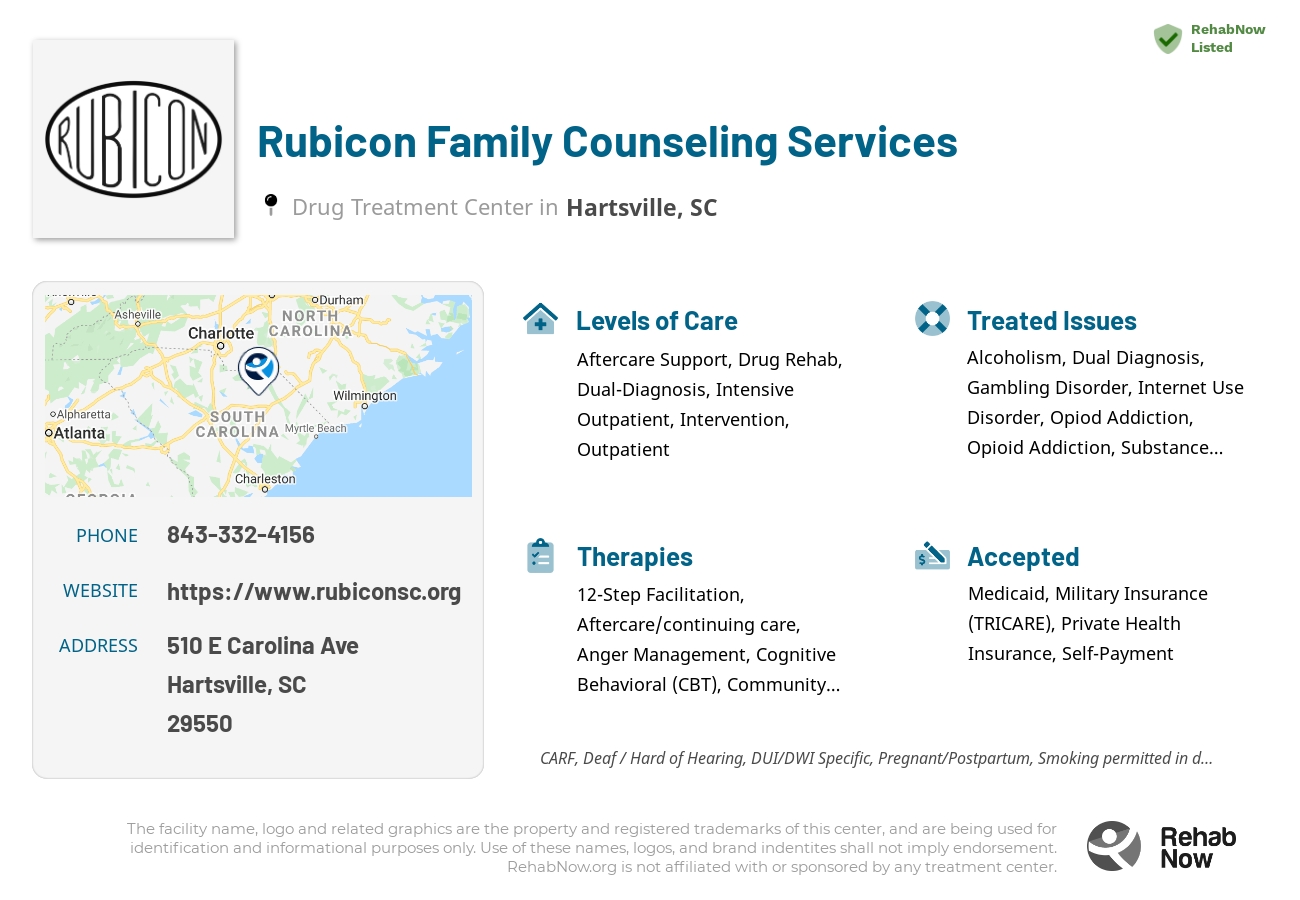 Helpful reference information for Rubicon Family Counseling Services, a drug treatment center in South Carolina located at: 510 E Carolina Ave, Hartsville, SC 29550, including phone numbers, official website, and more. Listed briefly is an overview of Levels of Care, Therapies Offered, Issues Treated, and accepted forms of Payment Methods.