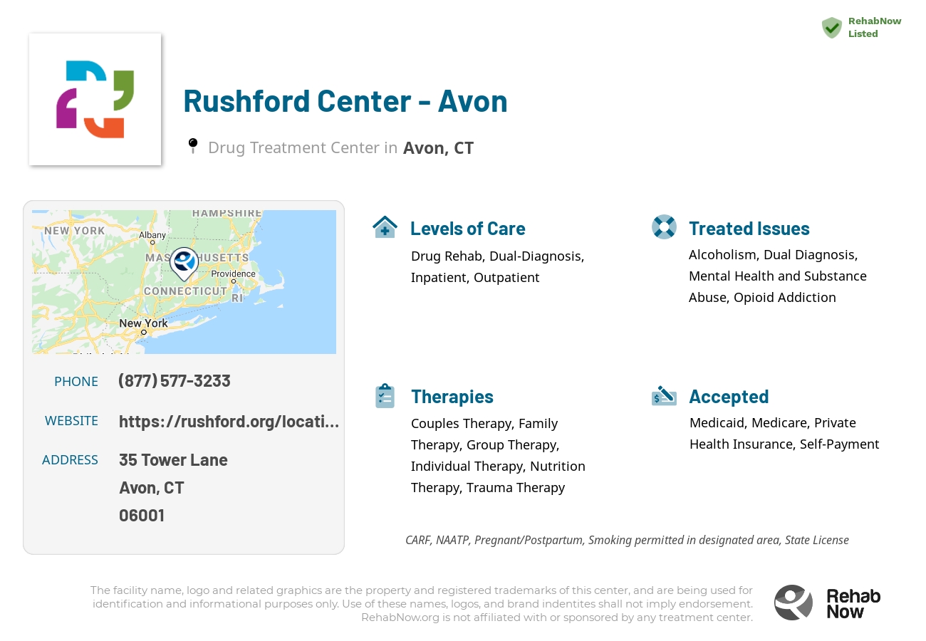 Helpful reference information for Rushford Center - Avon, a drug treatment center in Connecticut located at: 35 Tower Lane, Avon, CT, 06001, including phone numbers, official website, and more. Listed briefly is an overview of Levels of Care, Therapies Offered, Issues Treated, and accepted forms of Payment Methods.