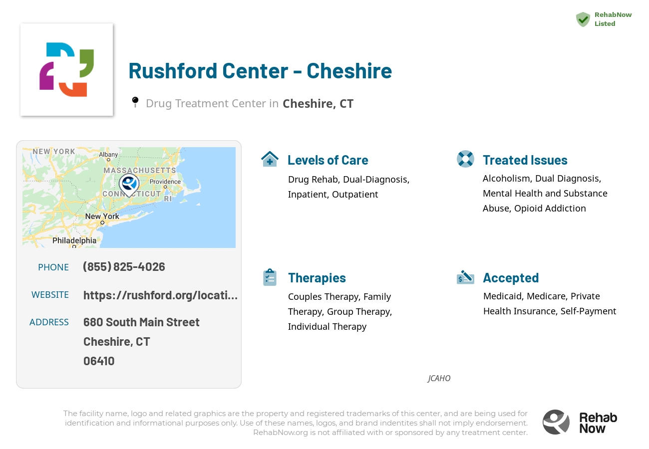 Helpful reference information for Rushford Center - Cheshire, a drug treatment center in Connecticut located at: 680 South Main Street, Cheshire, CT, 06410, including phone numbers, official website, and more. Listed briefly is an overview of Levels of Care, Therapies Offered, Issues Treated, and accepted forms of Payment Methods.