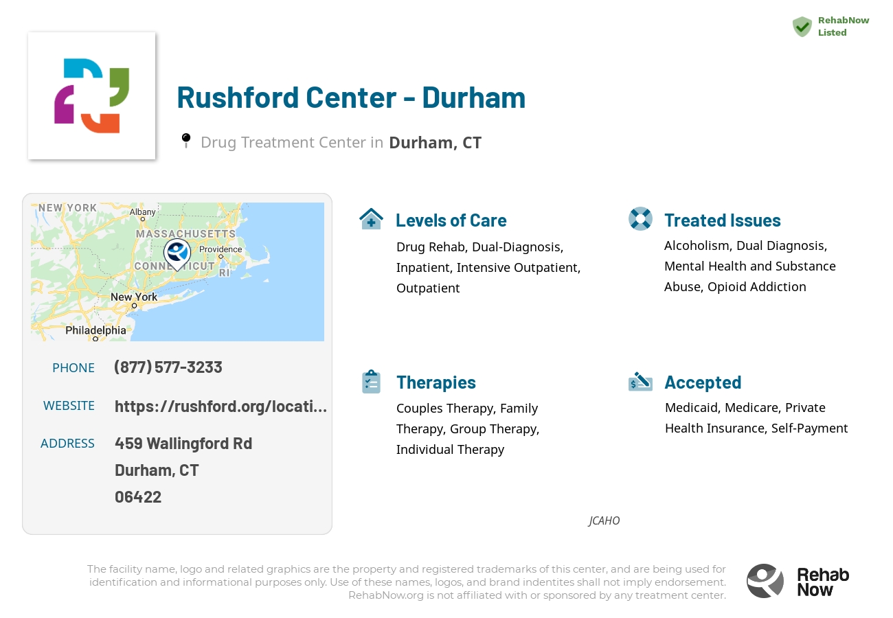Helpful reference information for Rushford Center - Durham, a drug treatment center in Connecticut located at: 459 Wallingford Rd, Durham, CT, 06422, including phone numbers, official website, and more. Listed briefly is an overview of Levels of Care, Therapies Offered, Issues Treated, and accepted forms of Payment Methods.