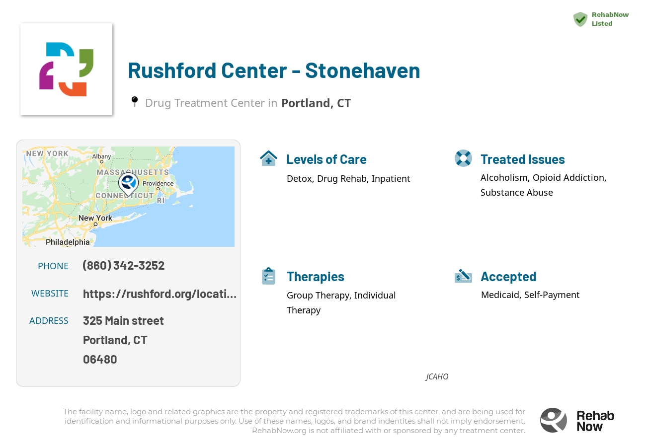 Helpful reference information for Rushford Center - Stonehaven, a drug treatment center in Connecticut located at: 325 Main street, Portland, CT, 06480, including phone numbers, official website, and more. Listed briefly is an overview of Levels of Care, Therapies Offered, Issues Treated, and accepted forms of Payment Methods.