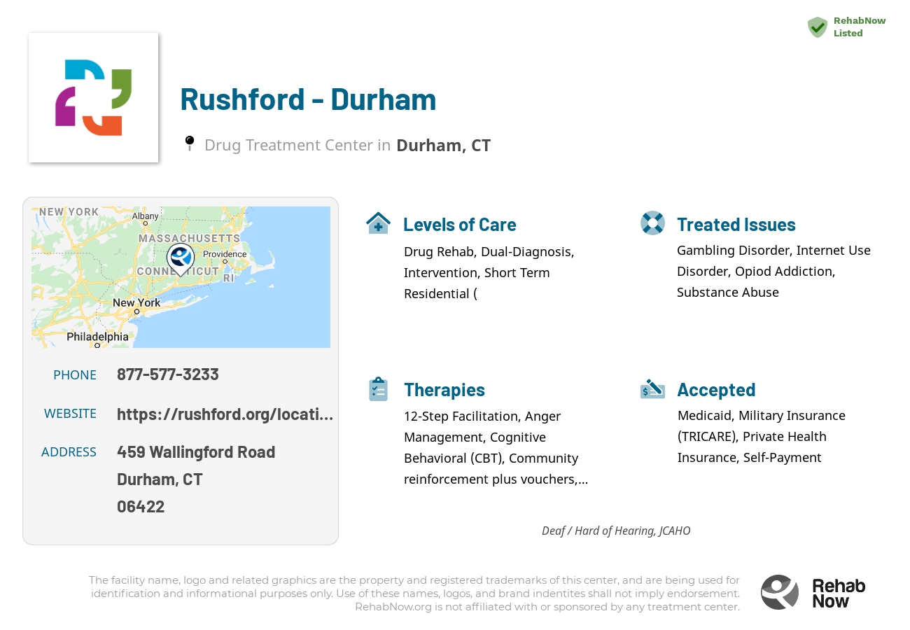 Helpful reference information for Rushford - Durham, a drug treatment center in Connecticut located at: 459 Wallingford Road, Durham, CT 06422, including phone numbers, official website, and more. Listed briefly is an overview of Levels of Care, Therapies Offered, Issues Treated, and accepted forms of Payment Methods.