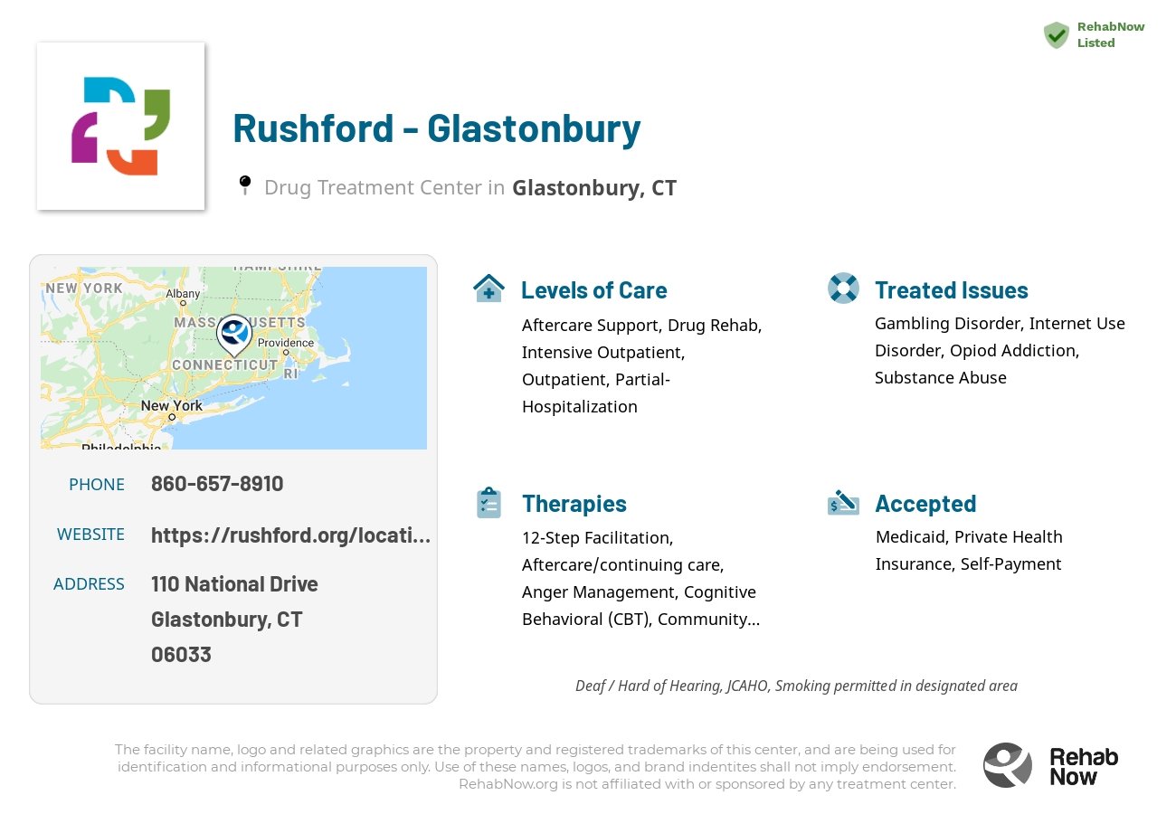 Helpful reference information for Rushford - Glastonbury, a drug treatment center in Connecticut located at: 110 National Drive, Glastonbury, CT 06033, including phone numbers, official website, and more. Listed briefly is an overview of Levels of Care, Therapies Offered, Issues Treated, and accepted forms of Payment Methods.