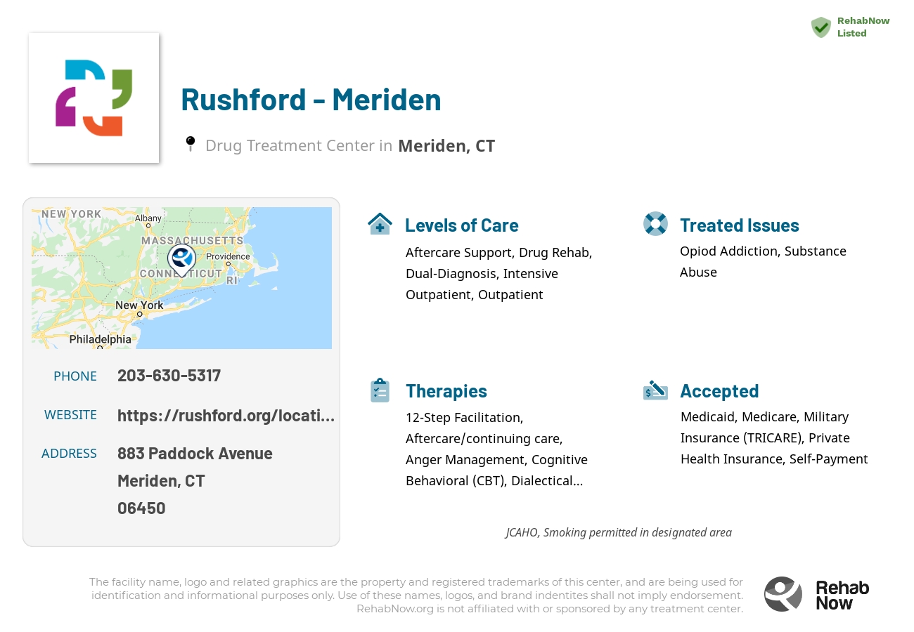 Helpful reference information for Rushford - Meriden, a drug treatment center in Connecticut located at: 883 Paddock Avenue, Meriden, CT 06450, including phone numbers, official website, and more. Listed briefly is an overview of Levels of Care, Therapies Offered, Issues Treated, and accepted forms of Payment Methods.