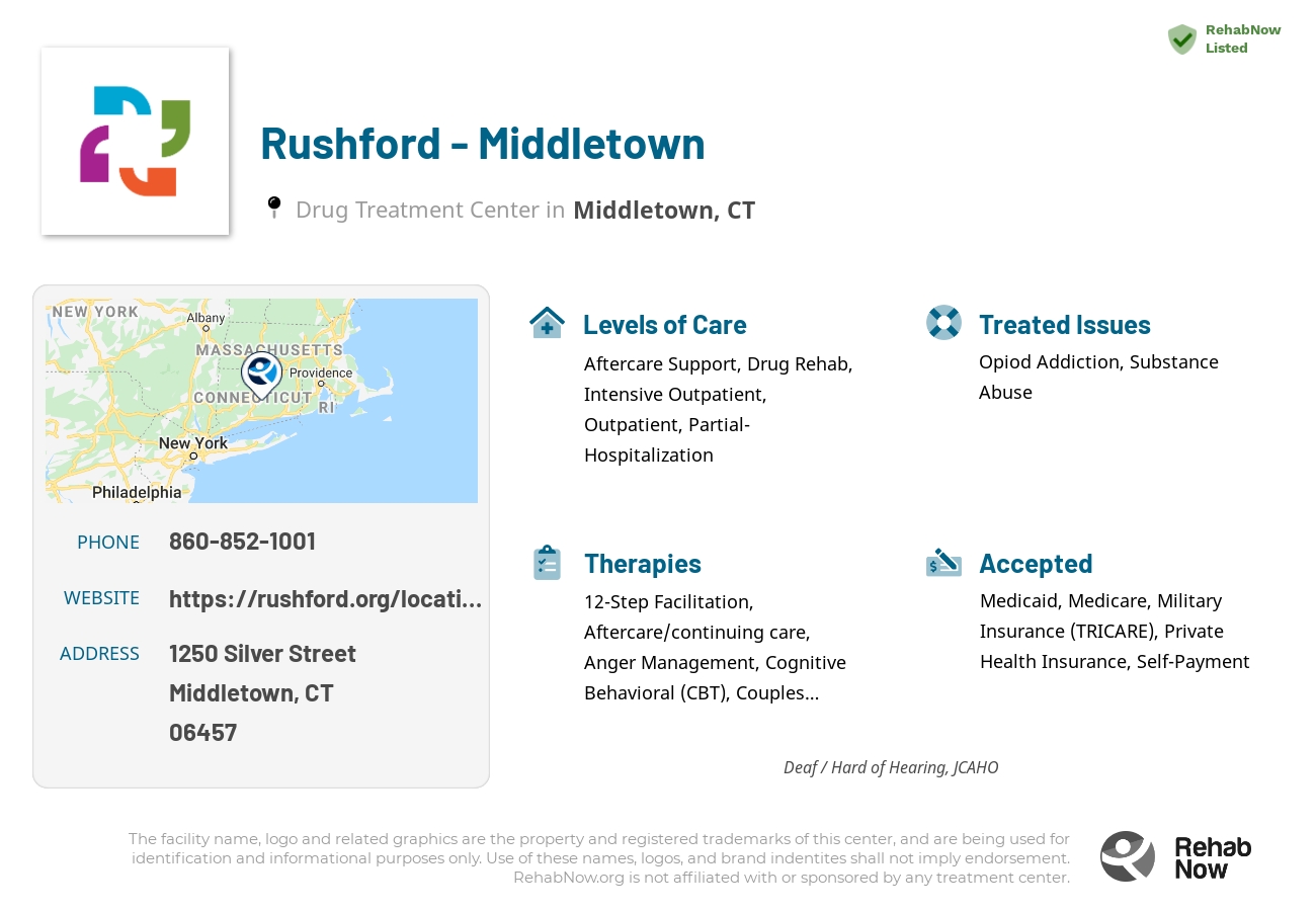 Helpful reference information for Rushford - Middletown, a drug treatment center in Connecticut located at: 1250 Silver Street, Middletown, CT 06457, including phone numbers, official website, and more. Listed briefly is an overview of Levels of Care, Therapies Offered, Issues Treated, and accepted forms of Payment Methods.